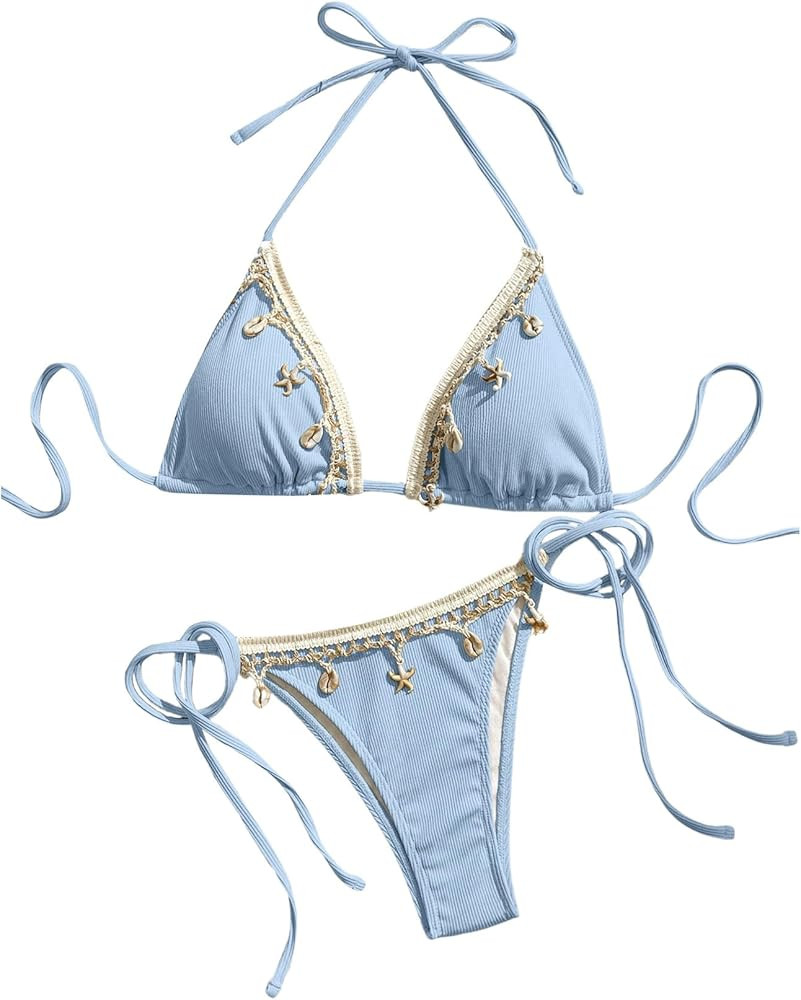 Verdusa Women's Sexy Halter Triangle Tie Side Bikini Set Ribbed Swimsuits 2 Piece Bathing Suit | Amazon (US)