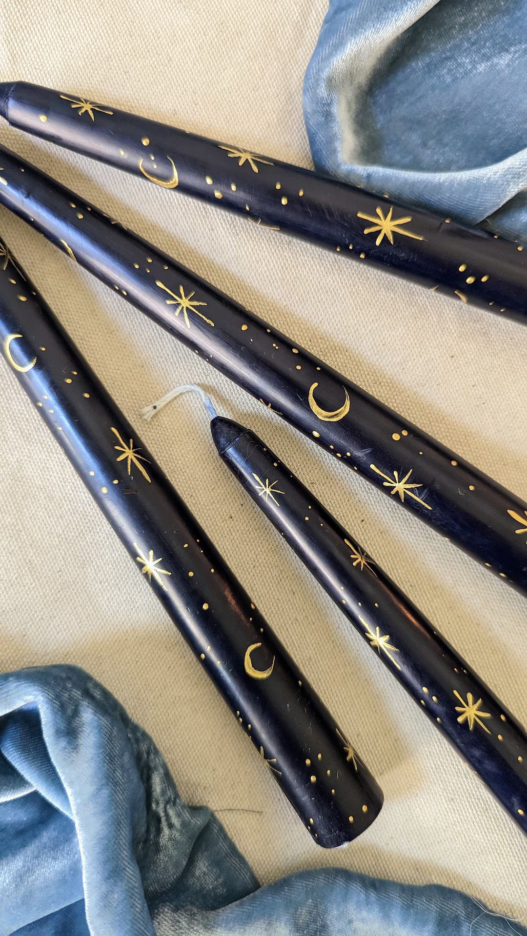 Hand Painted Taper Candle - Dark Blue with Gold Moon and Stars Design - Romantic Wedding Candlest... | Etsy (US)