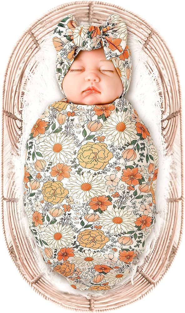 Konssy Baby Girl Newborn Receiving Blanket with Headband Set Baby Swaddle Floral Motif Nursery Sw... | Amazon (US)