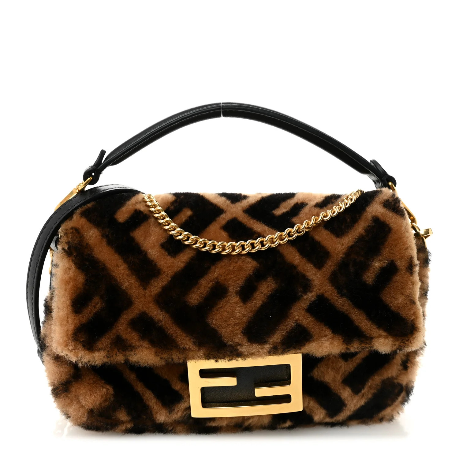 Shearling Vitello Dolce Macro FF 1974 Mini Baguette Tobacco Black | FASHIONPHILE (US)