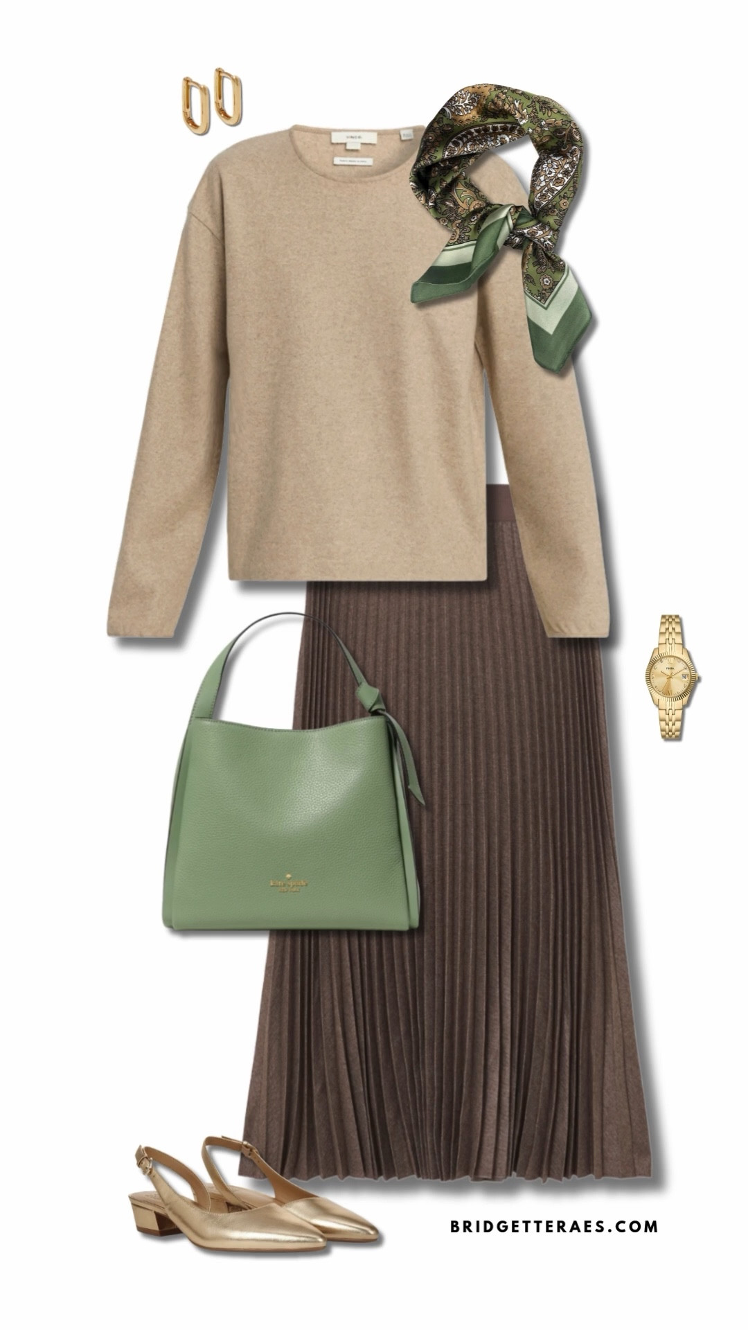 The soft camel crewneck sweater paired with the chocolate brown pleated skirt creates a warm, earthy palette that feels both approachable and refined. Accented with a paisley silk scarf in coordinating greens and a structured green handbag, the outfit adds just enough personality without losing its classic edge. Gold slingback flats, matching jewelry, and a sleek watch complete the ensemble—perfect for a workday full of meetings, presentations, or leading with  confidence.

#LTKWorkwear #LTKootd #LTKgrwm