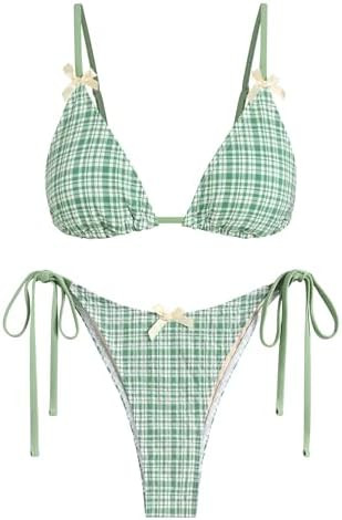 ZAFUL Women's String Triangle Bikini Sets Sexy Triangle Textured Tied High Cut Swimsuit Brazilian... | Amazon (US)