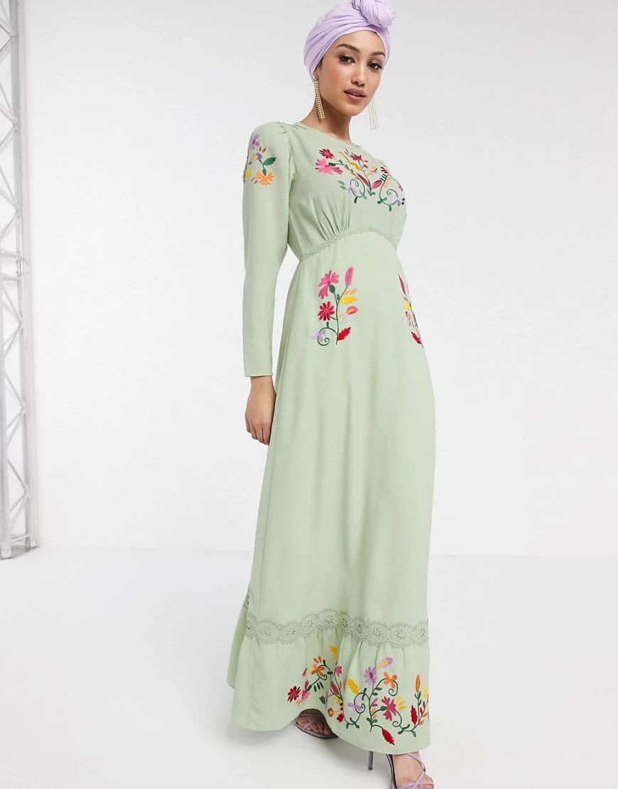 ASOS DESIGN embroidered maxi tea dress with long sleeves in sage green | ASOS (Global)