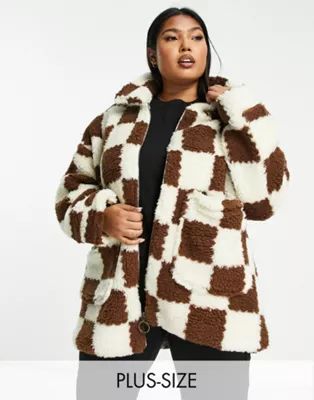 Wednesday's Girl Curve boxy oversized coat in check fluffy borg | ASOS (Global)