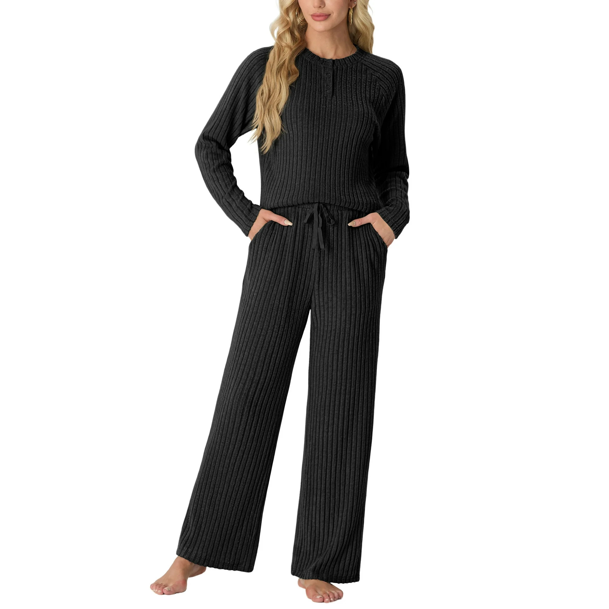 MINTREUS Women's Pajama Set Long Sleeve Lounge Set Ribbed knit Sleepwear Two Piece Pjs Set with P... | Walmart (US)
