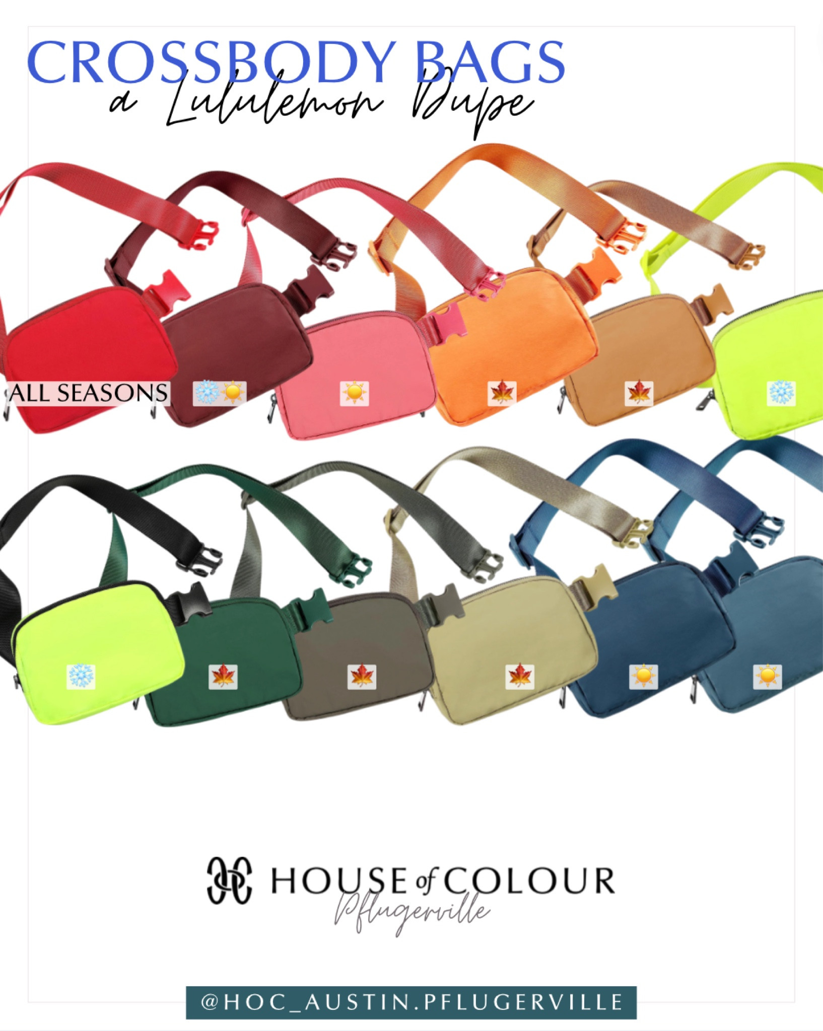 An Amazon dupe for the Everywhere Belt Bag by Lululemon - available in tons of colors. This Amazon find ranges from $15-17 compared to the $38-$48 Lululemon original 

House of Colour
Crossbody bag by Lululemon 
Amazon dupe 
#hocsummer
#hocwinter 
#hocautumn
#hocspring 

#LTKstyletip #LTKunder50 #LTKitbag