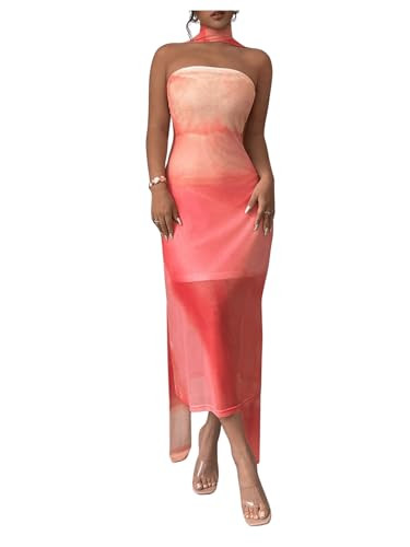SweatyRocks Women's Ombre Sheer Mesh Tube Dress Strapless Sleeveless Midi Dresses with Neck Scarf | Amazon (US)
