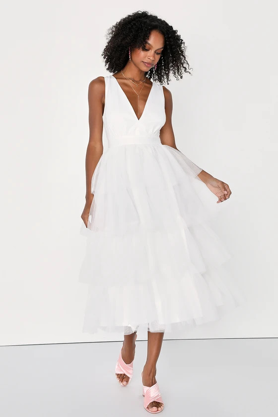 Dramatic Perfection White Tulle Sleeveless Tiered Midi Dress | Lulus (US)