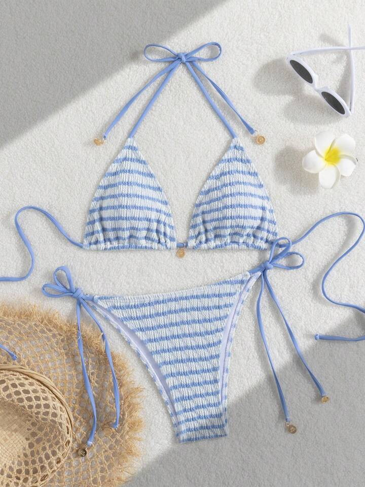 Ladies' Striped And Water Ripple Split Swimsuit Sexy Bikini SexHy Bikini Swimsuit Color Blocking Fashion High-End Hot Spring Party Bikini Careful Machine,European & American Style Sexy Halter Women Bikini Set Swimwear, For Summer Beach Vacation Hot Selling Swimsuits | SHEIN