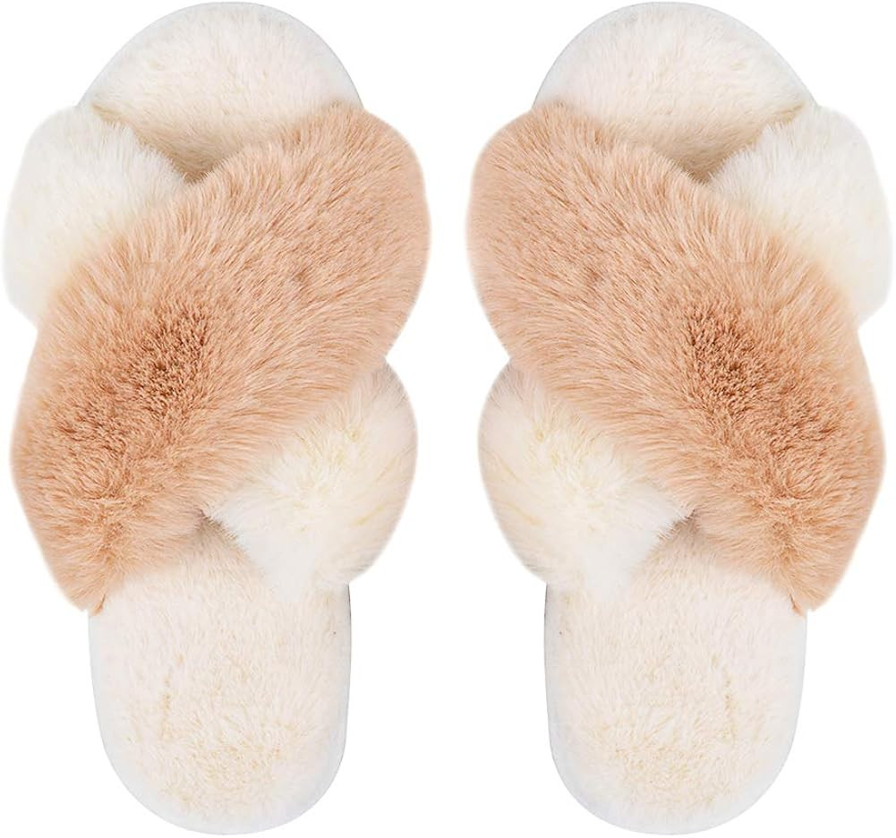 Women's Cross Band Slippers Soft Plush Furry Cozy Open Toe House Shoes Indoor Outdoor Faux Rabbit... | Amazon (US)