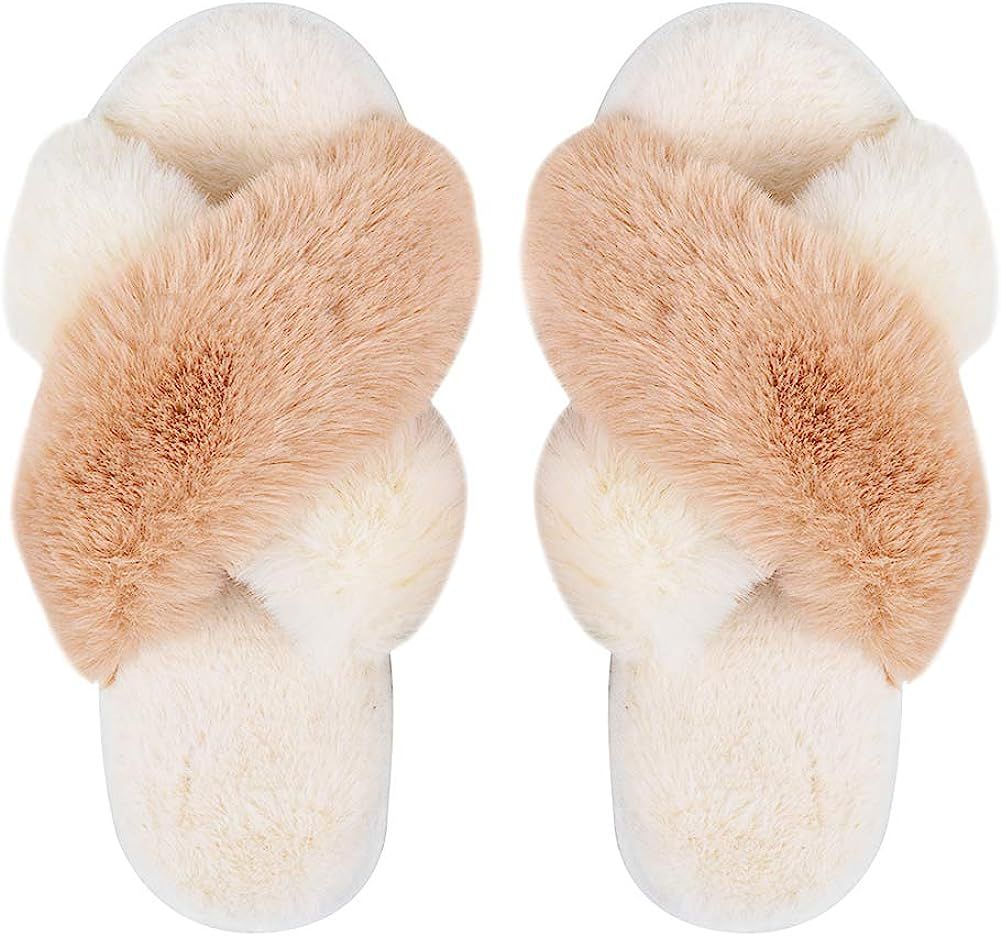 Women's Cross Band Slippers Soft Plush Furry Cozy Open Toe House Shoes Indoor Outdoor Faux Rabbit... | Amazon (US)