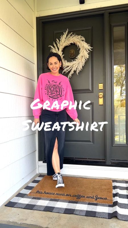 This winter, I am wearing a graphic sweatshirt in place of one of my favorite closet, essentials a graphic tee. Here are four outfit ideas.
1. Wide- leg crop jeans and high top converse.
2. My favorite black skinny jeans and a black and white button up
3. Vuori leggings and matching hoodie with a puffer
4. A denim skirt