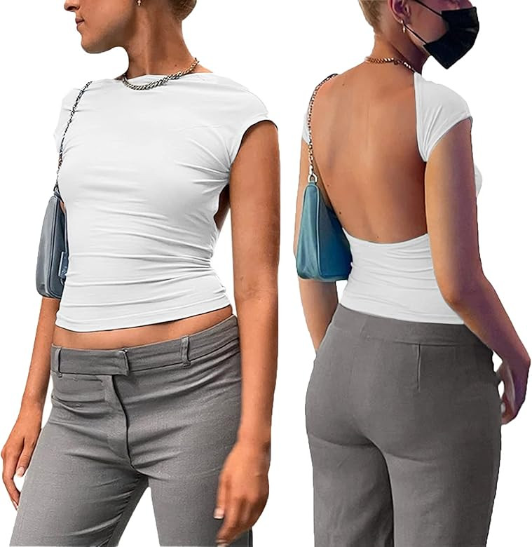 ForeFair Women Sexy Backless Short Sleeve Slim Fit Crewneck Summer Casual Y2K Crop Tee | Amazon (US)