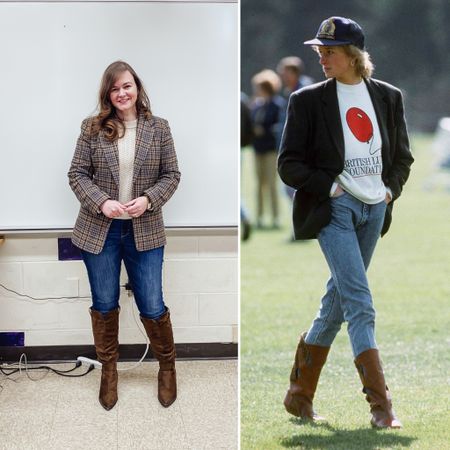 Princess Diana outfit inspiration 
Cowboy boots 
Square gold hoop earrings 
Plaid blazer 
Skinny jeans 

#LTKstyletip #LTKfindsunder100 #LTKSeasonal