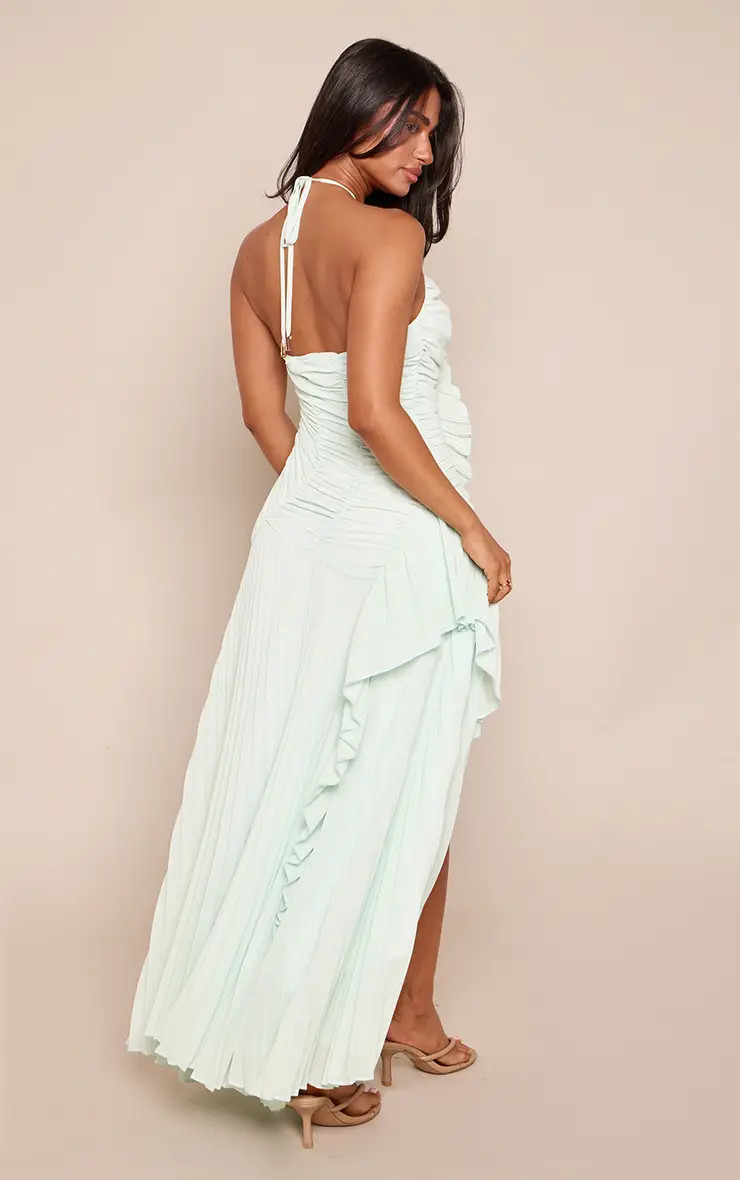 Petite Sage Green Halterneck Plisse Ruffle Detail Maxi Dress | PrettyLittleThing UK