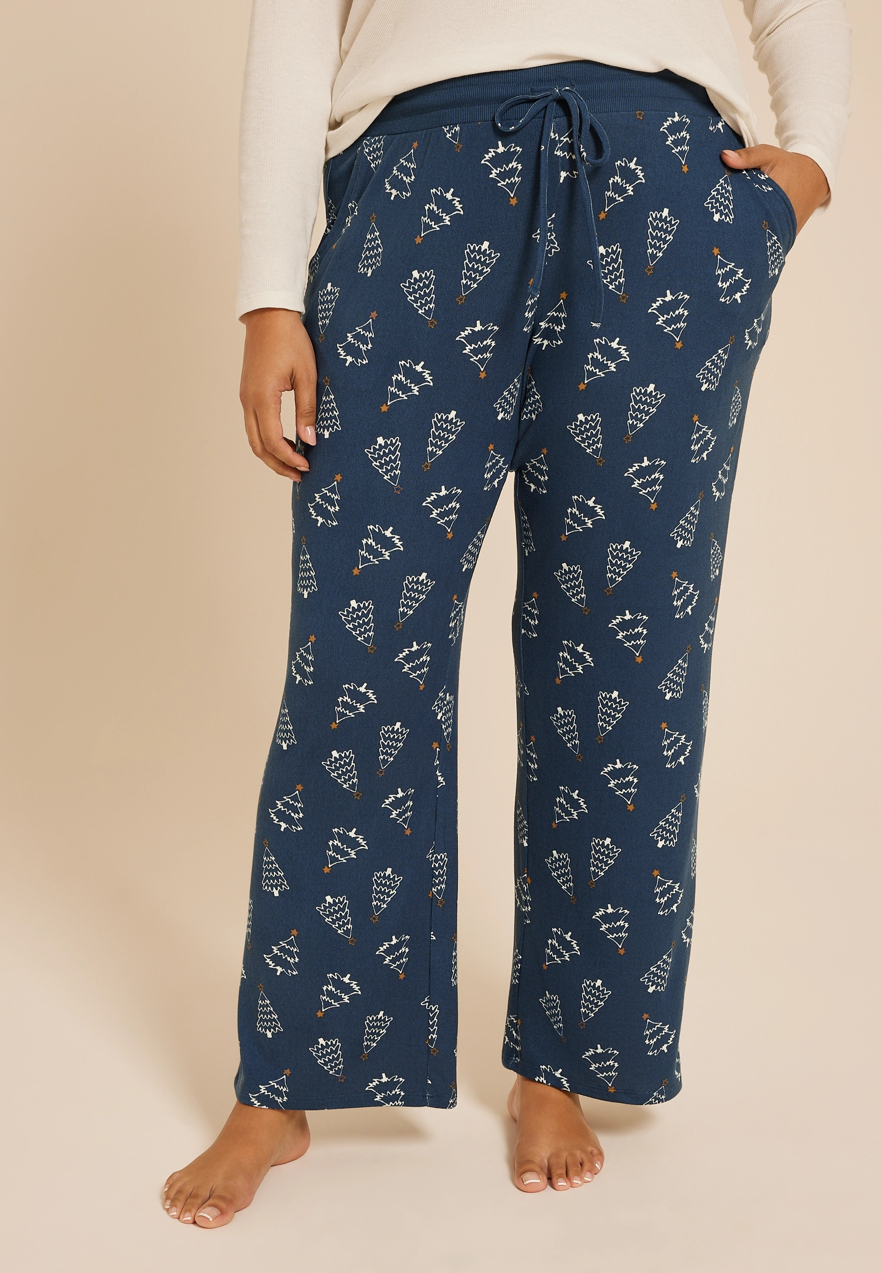 Maurices Plus Size Women's Blue Hacci Christmas Tree Wide Leg Pajama Pants Size 3X | Maurices
