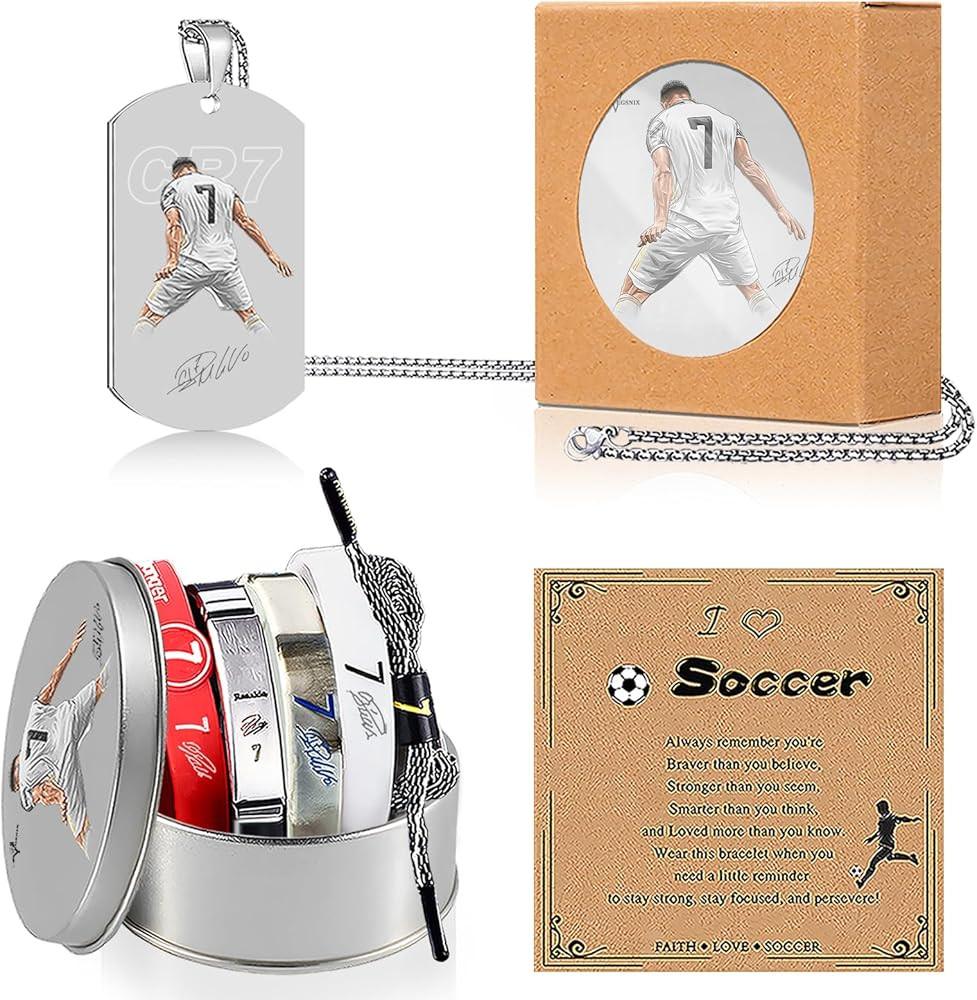 6Pcs C.R No.7 Soccer Sports Bracelets Necklaces Set, Number.7 Titanium Steel Adjustable Silicone ... | Amazon (US)