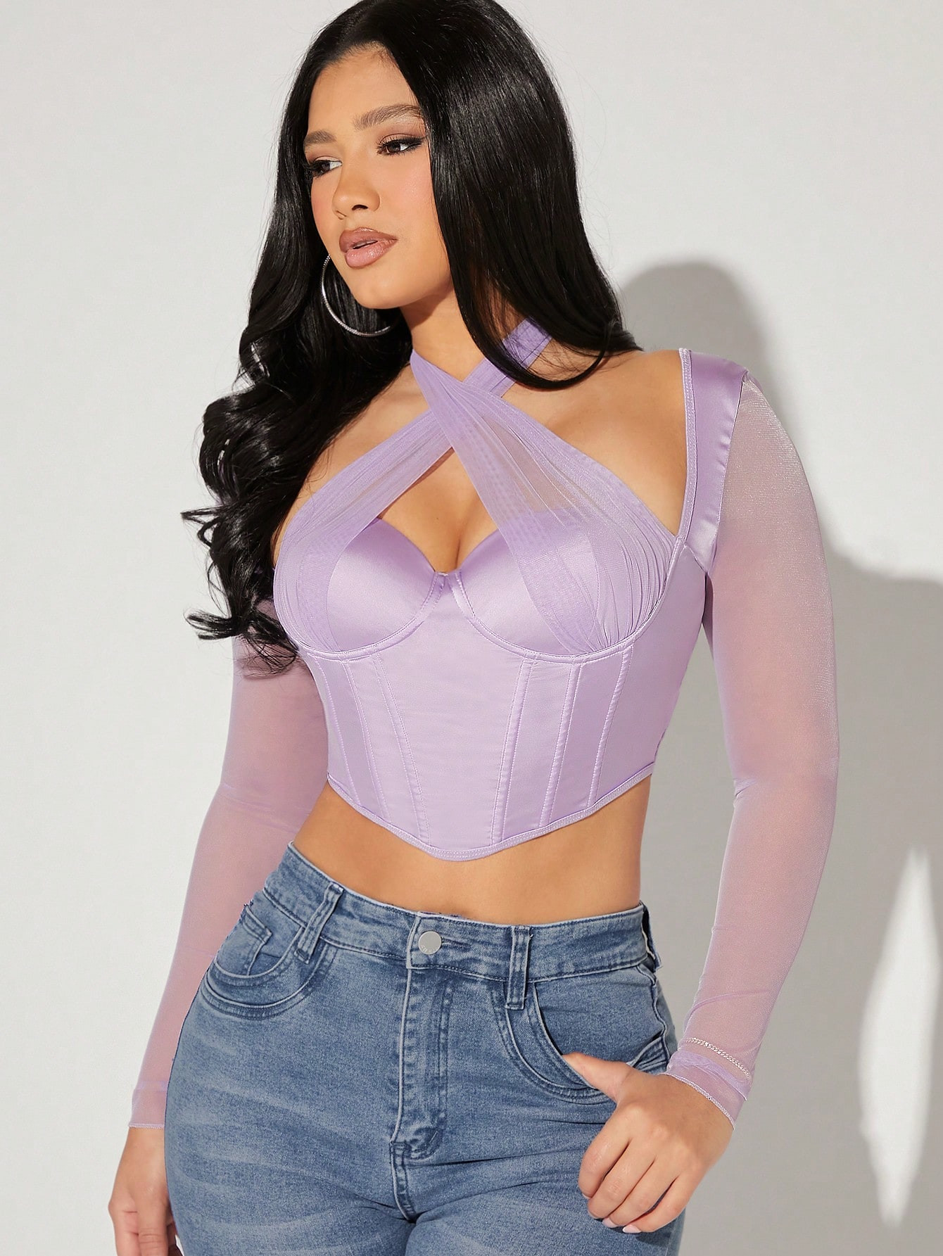 SHEIN BAE Contrast Mesh Crisscross Tie Backless Bustier Crop Top | SHEIN