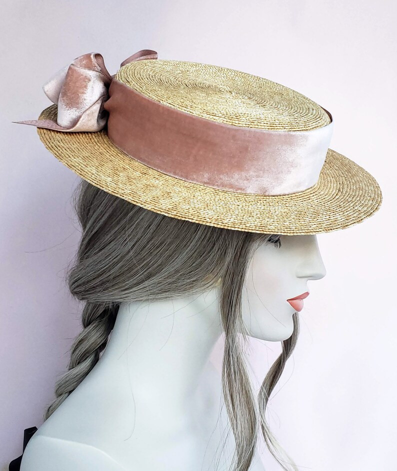 Milan Straw Boater with Champagne Pink Vintage French Velvet Ribbon, Straw Hat, Millinery, Edward... | Etsy (US)