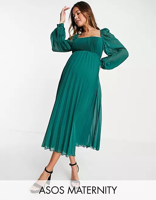 ASOS DESIGN Maternity square neck pleated midi skater dress in forest green | ASOS (Global)