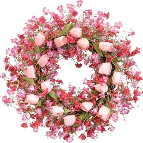 EGOLOT Valentine Day Pink Tulip Wreath, Pink Red Forsythia Berries, Artificial Flower Wreath for ... | Amazon (US)