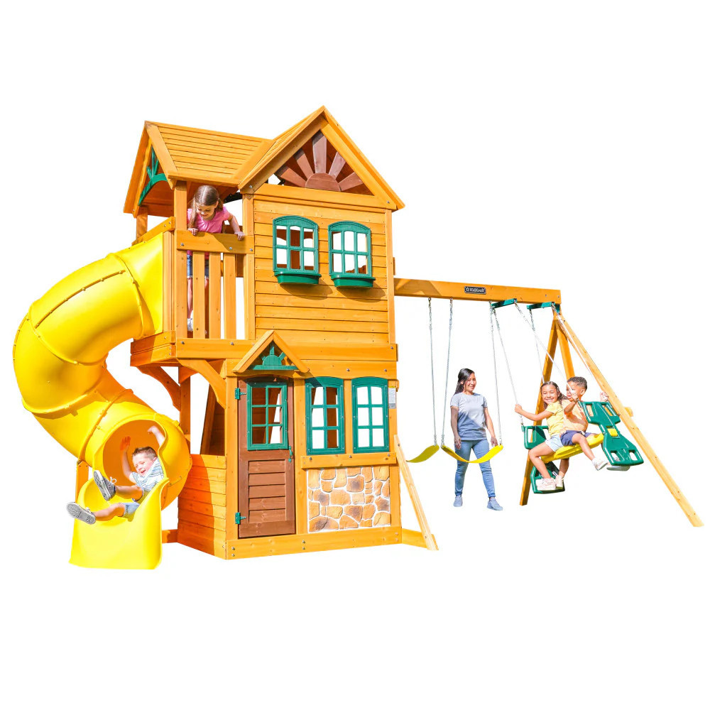 KidKraft Boulder Station Swing Set Residential Wood Swing set with 2 Swings and Slide Included in Brown | F23890 | Lowe's