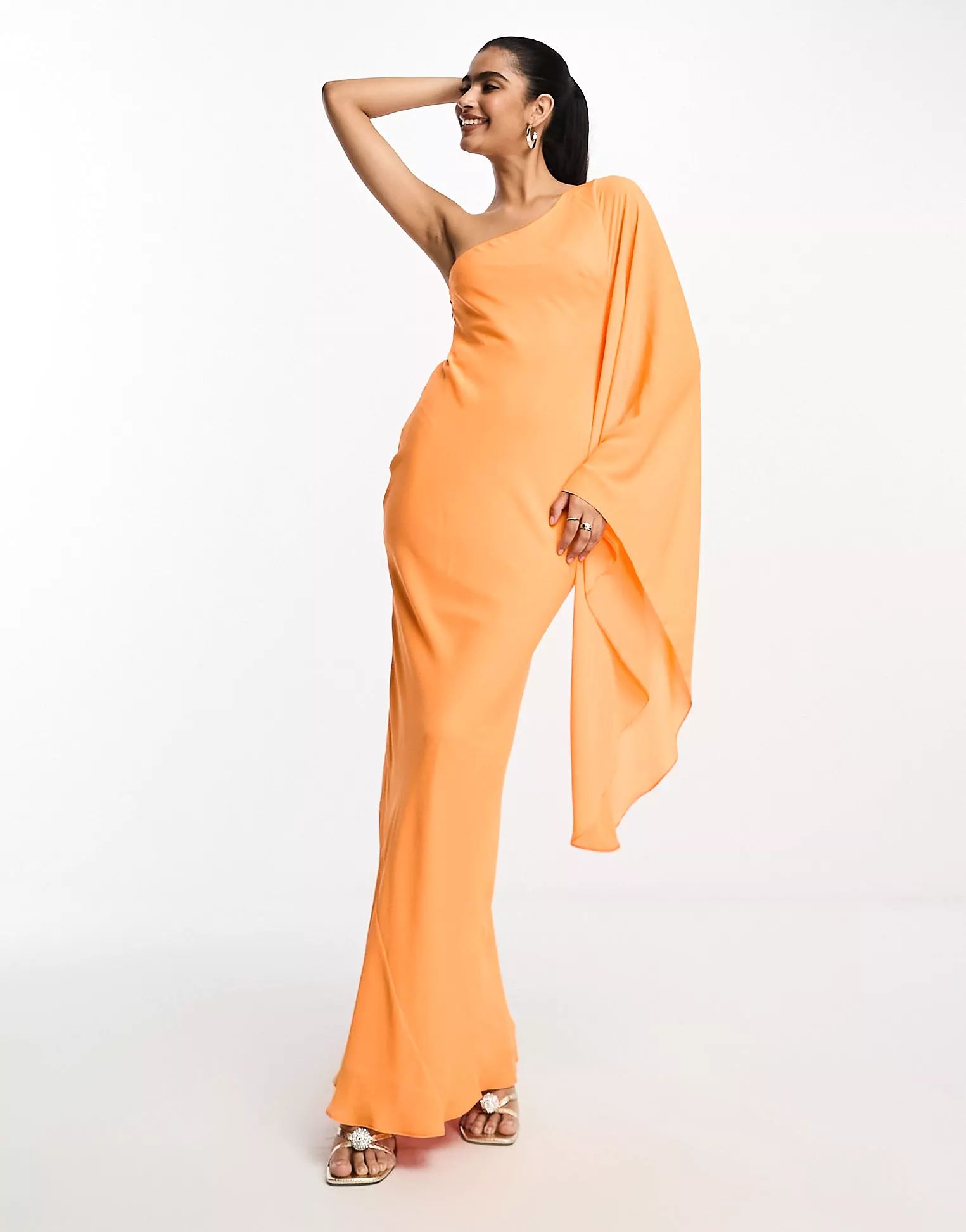 ASOS DESIGN one shoulder exaggerated sleeve maxi dress in bright orange | ASOS (Global)