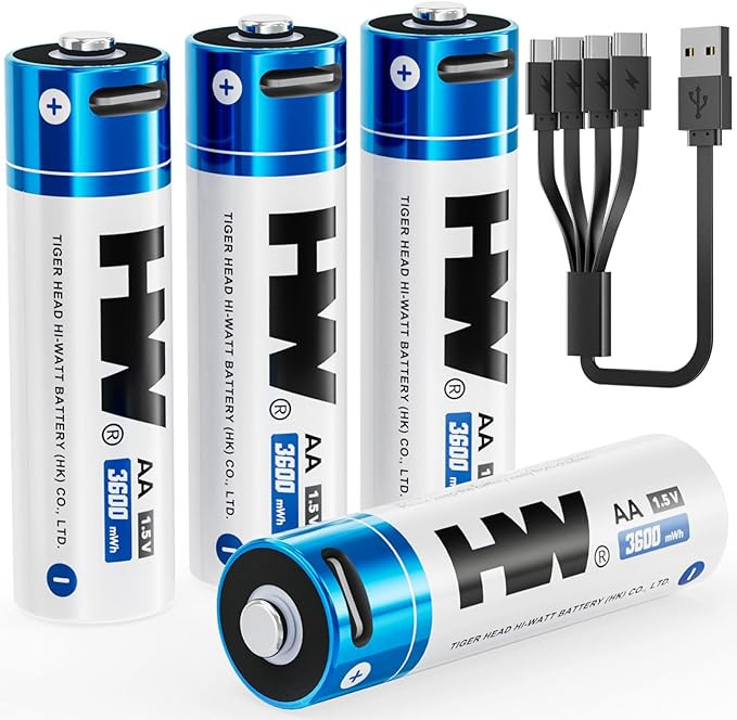 HW Rechargeable AA Lithium Batteries, [1.5V, 4-Pack] 3600mWh High Capacity USB C Battery Fast Cha... | Amazon (US)