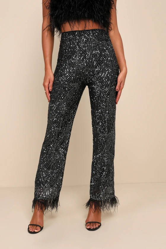 Total Sparkle Black and Silver Sequin Feather Wide-Leg Pants | Lulus