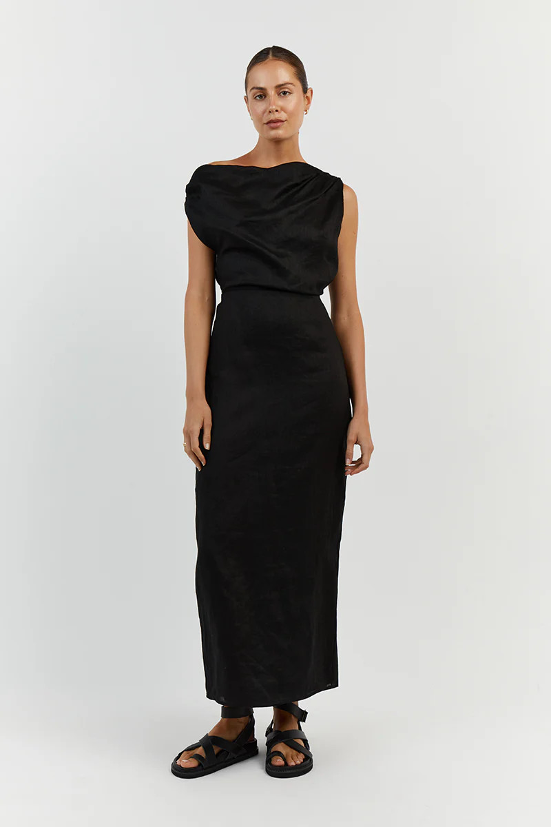 CASS BLACK LINEN ASYM MIDI DRESS | DISSH