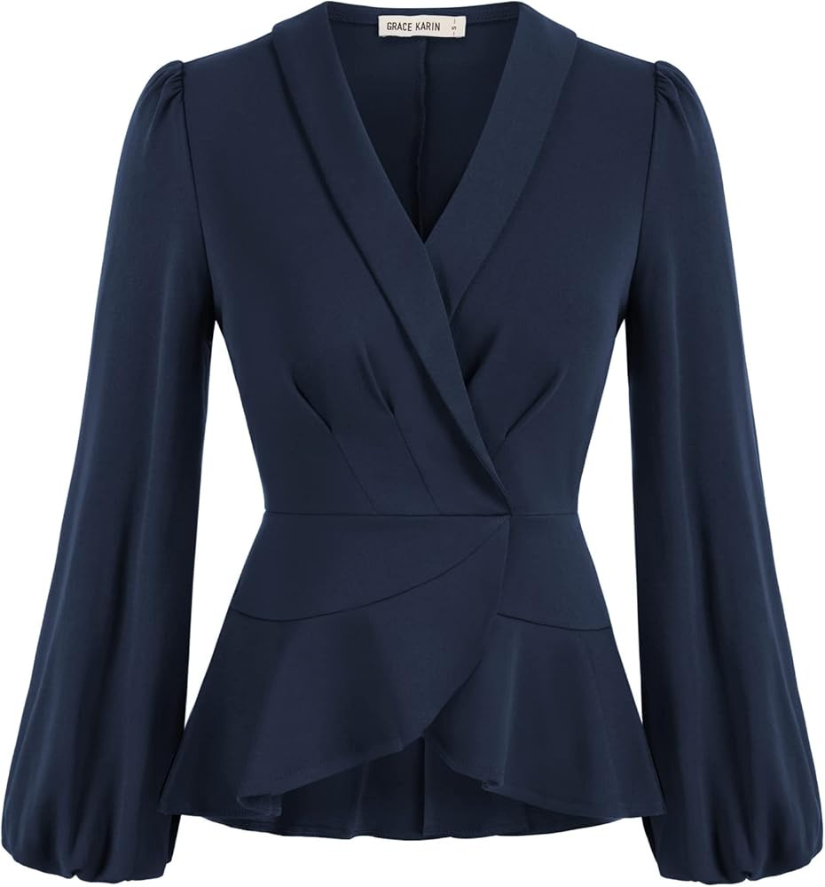 GRACE KARIN 2024 Women's Elegant Tops Long Sleeve Wrap Tops V Neck Formal Work Blouses Dressy Shi... | Amazon (US)