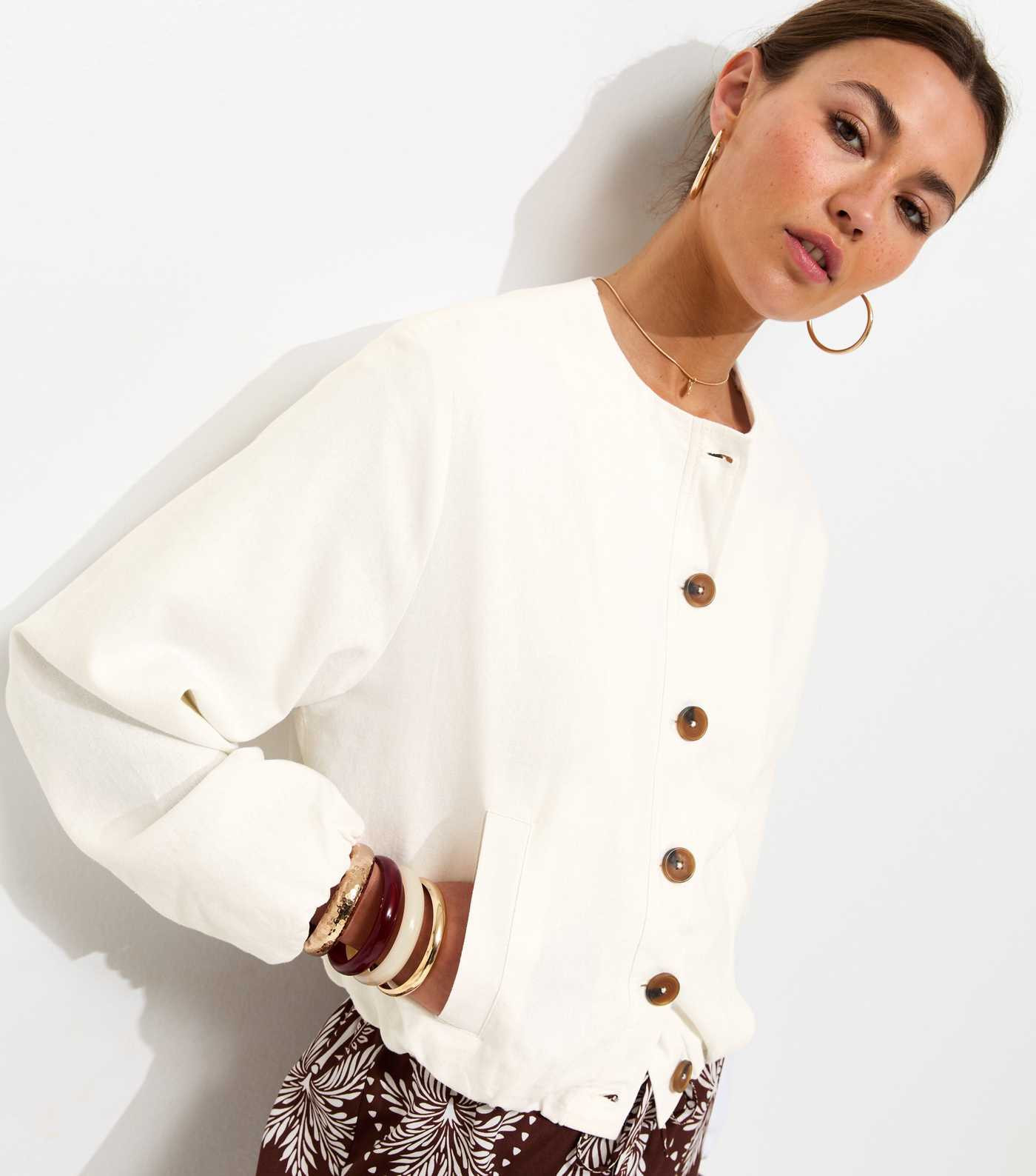 White Linen Blend Button Through Bomber Jacket | New Look | New Look (UK)