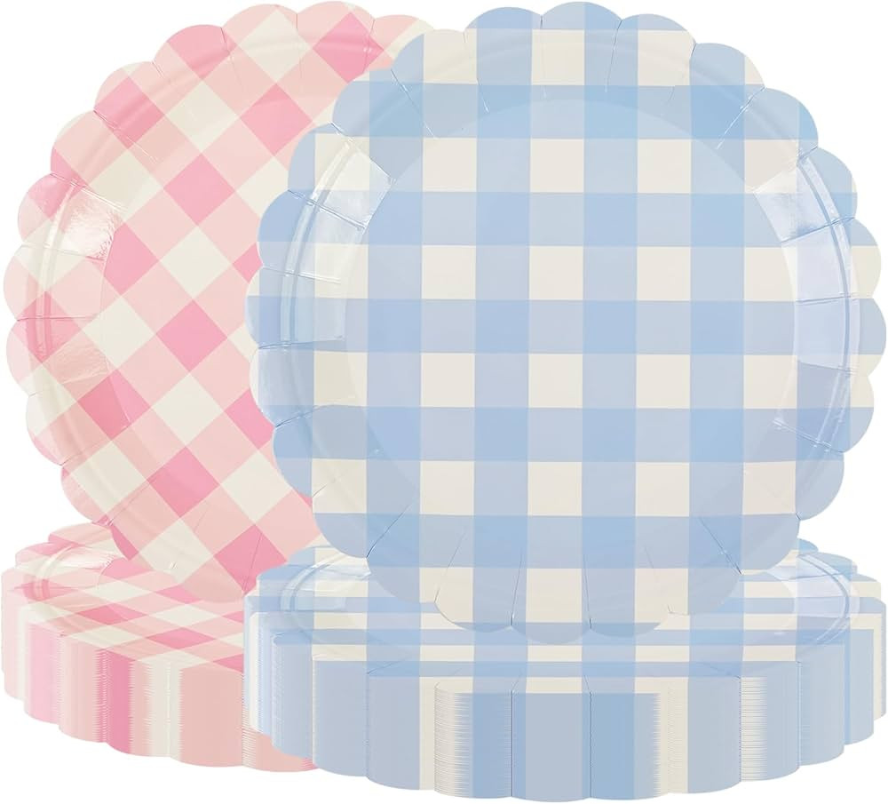 50Pcs Baby Gender Reveal Paper Plates - 9Inch Striped Scalloped Dessert Plates Disposable Decorat... | Amazon (US)