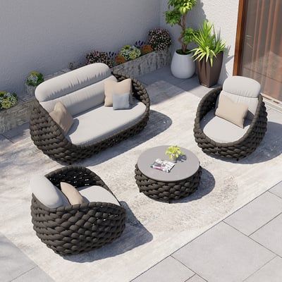 4 Pieces Woven Rope Outdoor Sofa Set with Faux Marble Top Coffee Table in Black & Gray-Homary | Homary