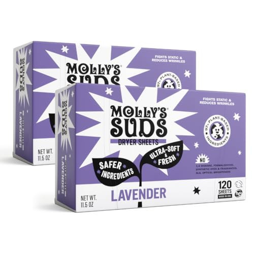 Molly's Suds Fabric Softener Dryer Sheets for Sensitive Skin | Plant-Based Static Reducer, Plastic-Free Packaging | Bundle of 2, Lavender (240 Sheets Total) | Amazon (US)
