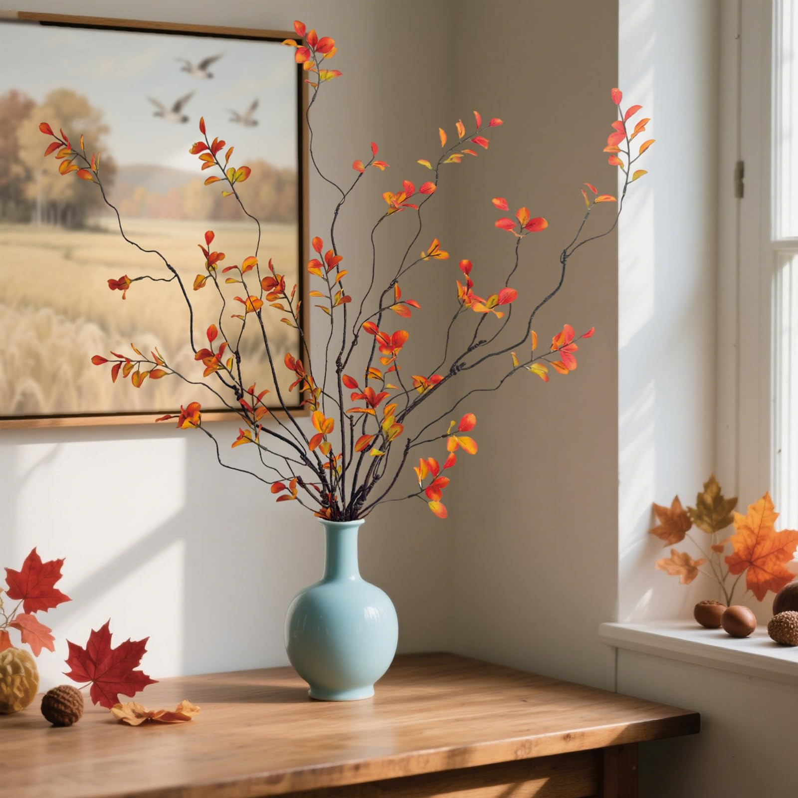 4 Pcs Fall Stems Artificial Ficus Branches, 47.2 Inch Faux Eucalyptus Stems Fall Decor, Fake Leav... | Amazon (US)