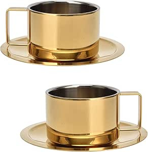 2Pcs Espresso Cups and Saucers, Gold Coffee Mug Stainless Steel Demitasse Cups Exquisite Luxury S... | Amazon (US)
