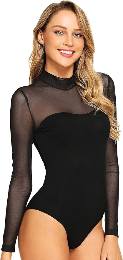 DIDK Women's Mock Neck Mesh Yoke Fitted Bodysuit Black XS at Amazon Women’s Clothing store | Amazon (US)