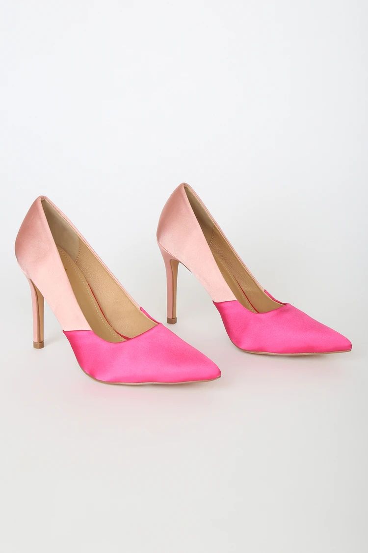 Lumii Fuchsia and Blush Satin Color Block Pointed-Toe Pumps | Lulus (US)