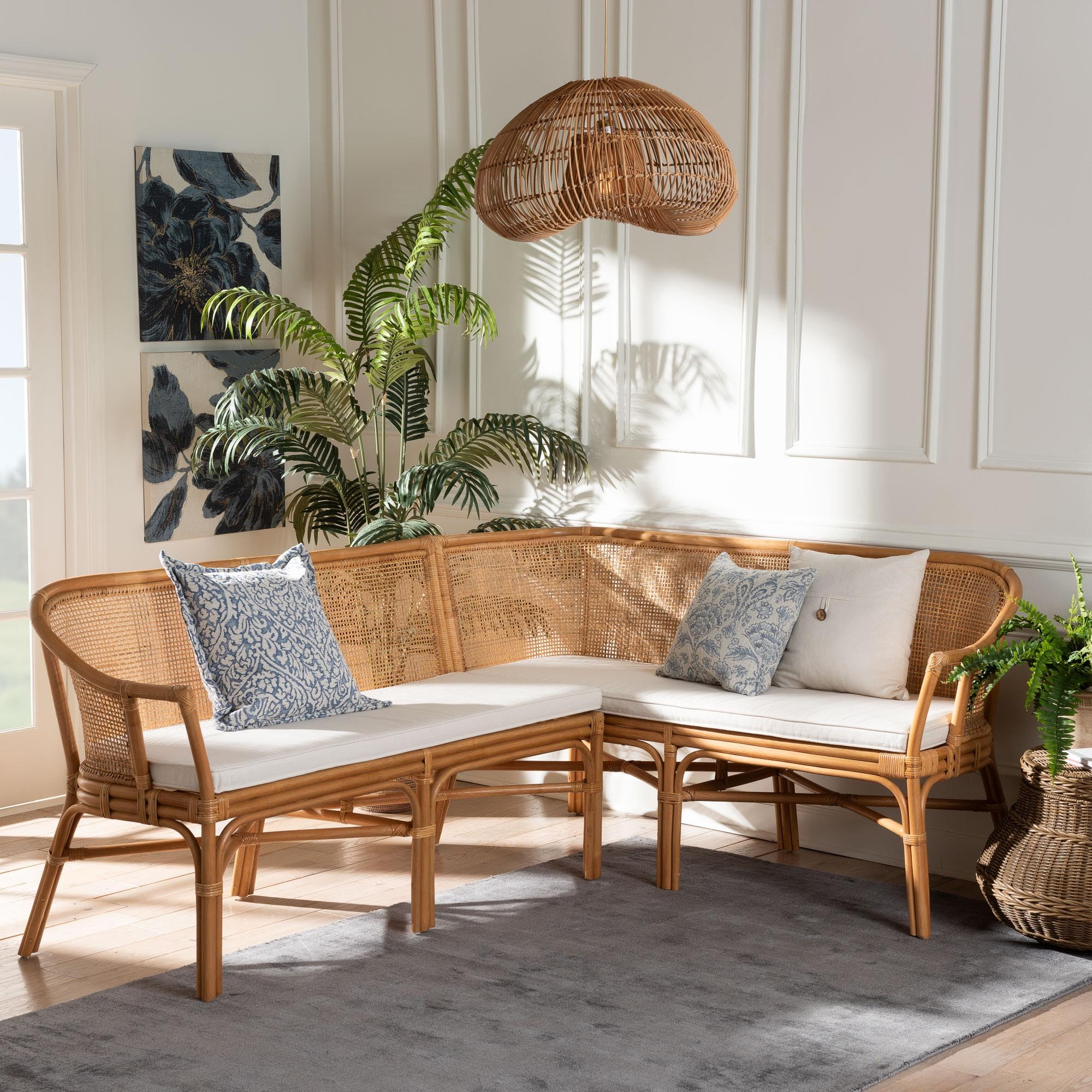 Bali & pari Adede 2-Piece Natural Rattan Corner Bench Set - Handwoven Wicker L-Shaped Dining Nook Seating with Cushions, Boho Coastal Style Banquette for Kitchen, Dining or Sunroom | Amazon (US)