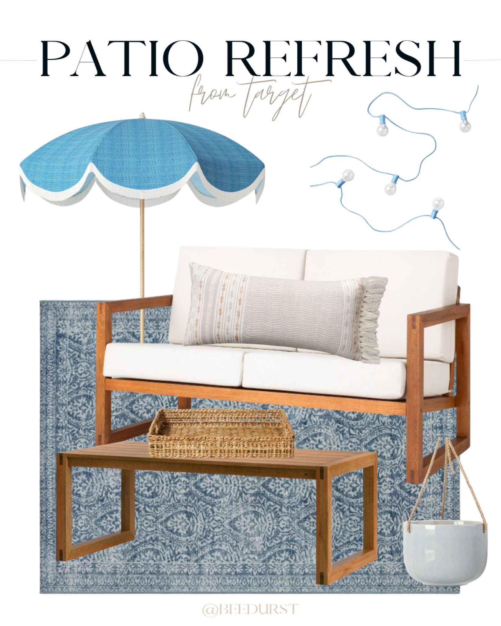 A coastal inspired patio refresh from Target! Target patio furniture, Target patio decor, neutral patio decor, coastal patio decor, outdoor coffee table, outdoor sofa, hanging planter, patio umbrella, blue patio umbrella, scalloped patio umbrella, patio lights, blue patio lights, outdoor tray, wicker tray, outdoor rug

#LTKsalealert #LTKSeasonal #LTKhome