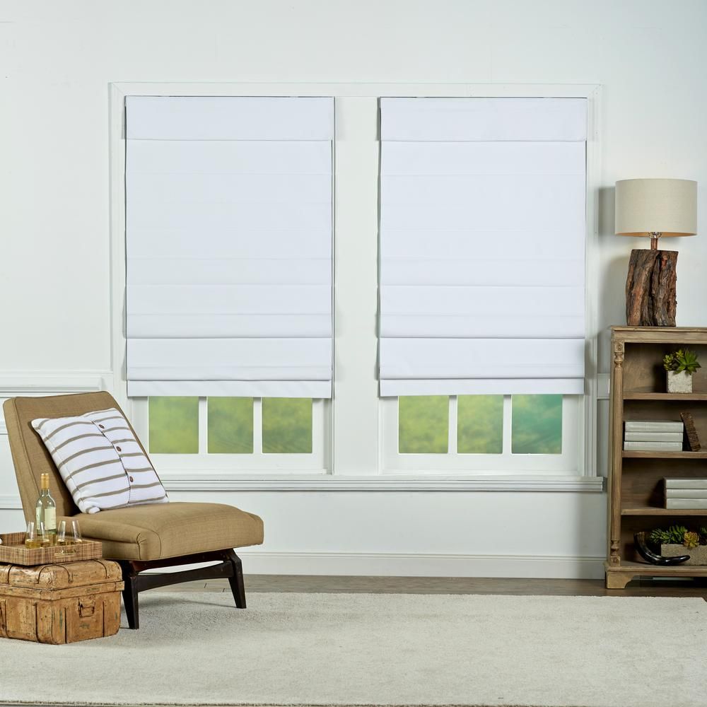 Perfect Lift Window Treatment White Cordless Blackout Energy-Efficient Cotton Roman Shades 22 in.... | The Home Depot