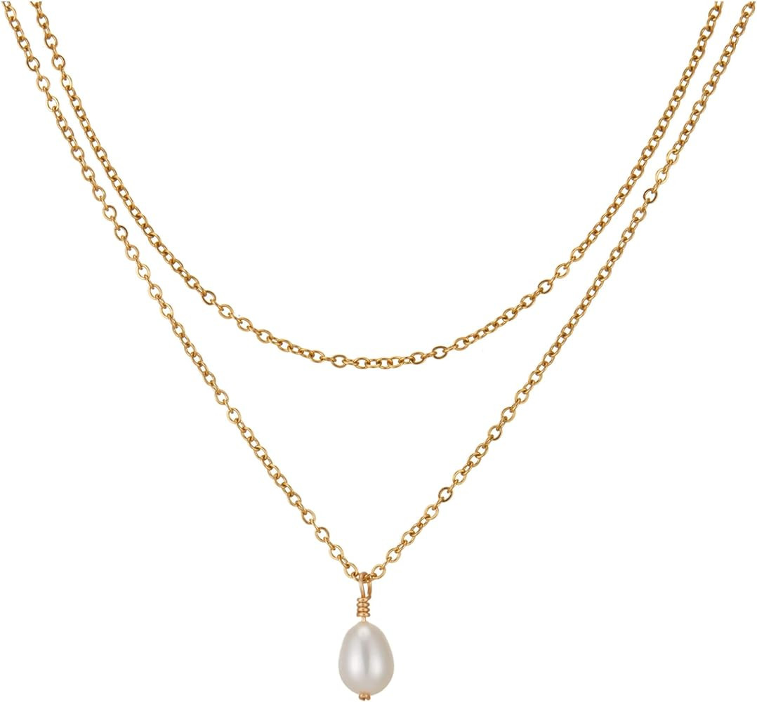 Freshwater Single Pearl Pendant Necklace for Women One Pearl Gold Layered Choker Stack Necklace W... | Amazon (US)