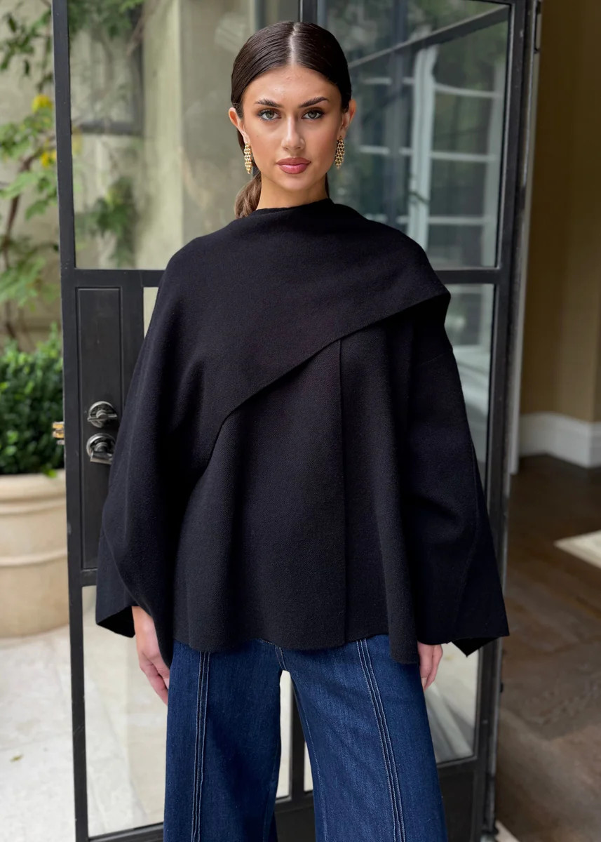 Adira Asymmetrical Cape Jacket with Attached Shawl - Black | Benaar La