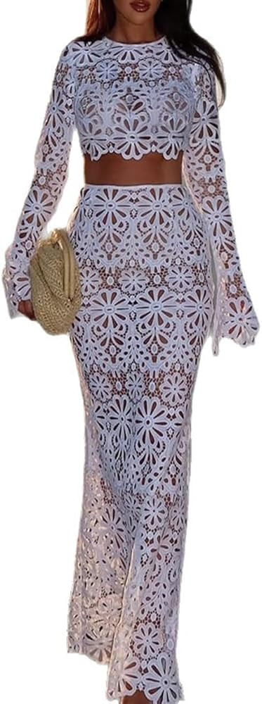 Apvirdy Women's Hollow Out Eyelet 2 Piece Outfits Beach Vacation See Through Long Sleeve Crop Top... | Amazon (US)