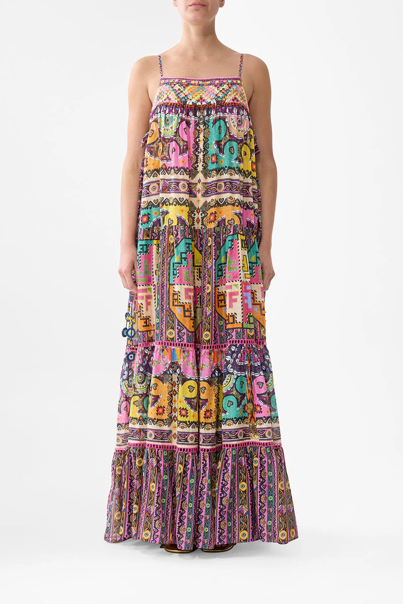 LONG TIERED DRESS WITH BOW TIES PATCHWORK PANORAMA | Camilla US