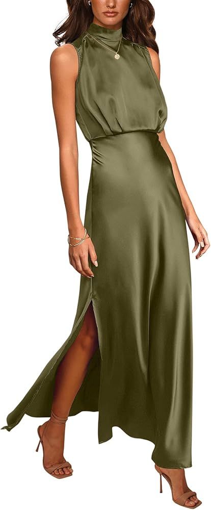 Pretty Garden Womens Thigh Slit Mock Neck Satin Maxi Dress | Amazon (US)