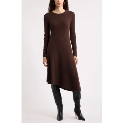 Nordstrom Asymmetric Wool & Cashmere Ribbed Midi Sweater Dress in Brown Mole at Nordstrom, Size Medium | Nordstrom