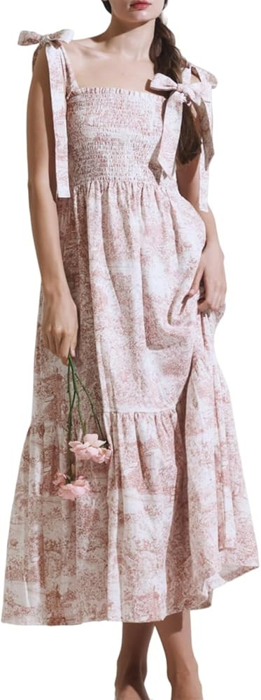 Women Y2K Floral Flowy Long Maxi Dress Tie Shoulder Spaghetti Strap Smocked Tiered Boho Swing A-l... | Amazon (US)