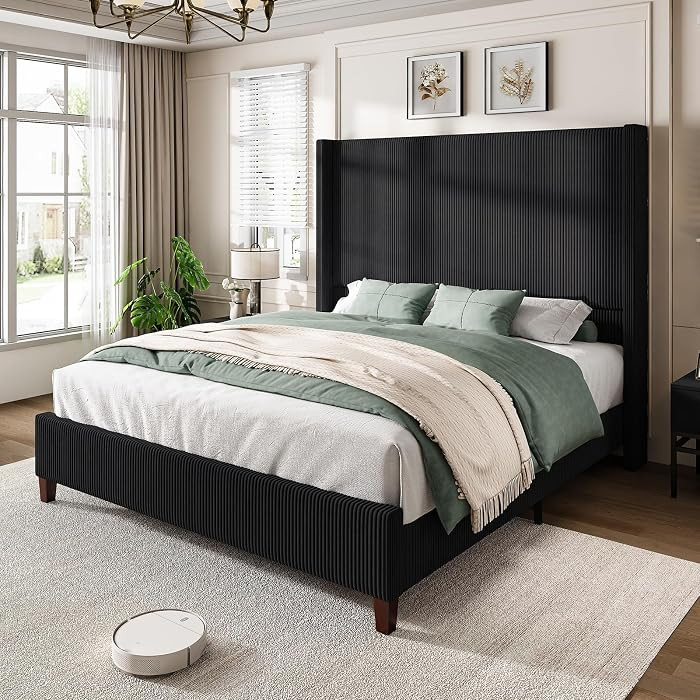 AMERLIFE Upholstered King Size Bed Frame with 62" Wingback Headboard, Black | Amazon (US)